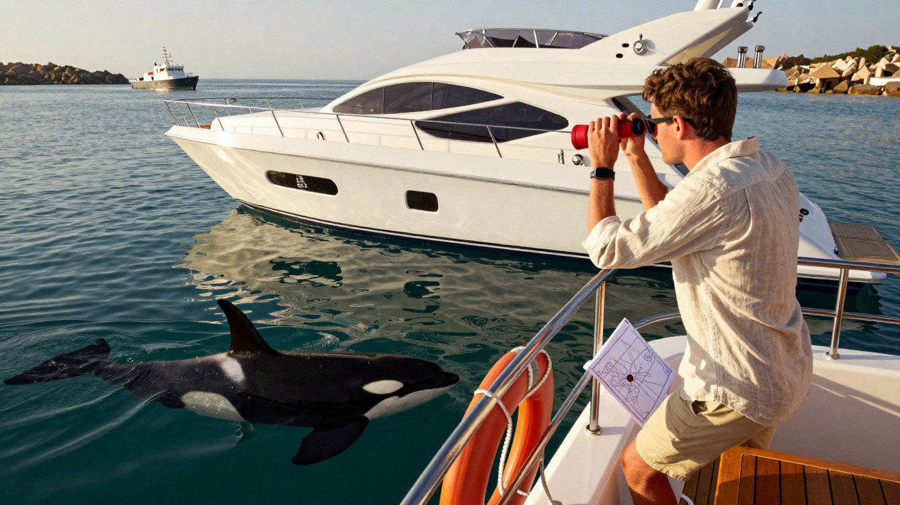 Homem observa orca no mar com binóculo a bordo de barco próximo a iate branco no porto.