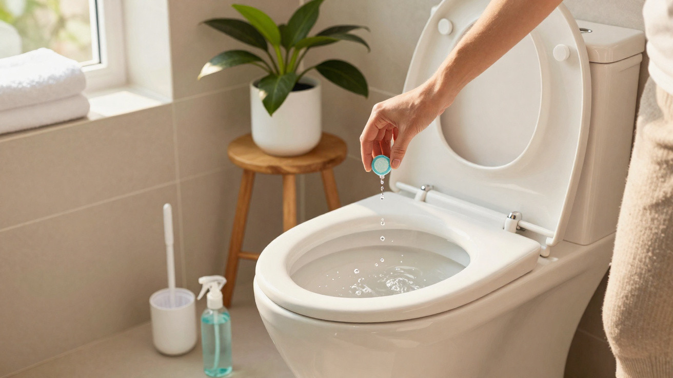 Pessoa colocando pastilha limpa vaso sanitário em banheiro com planta e produtos de limpeza.