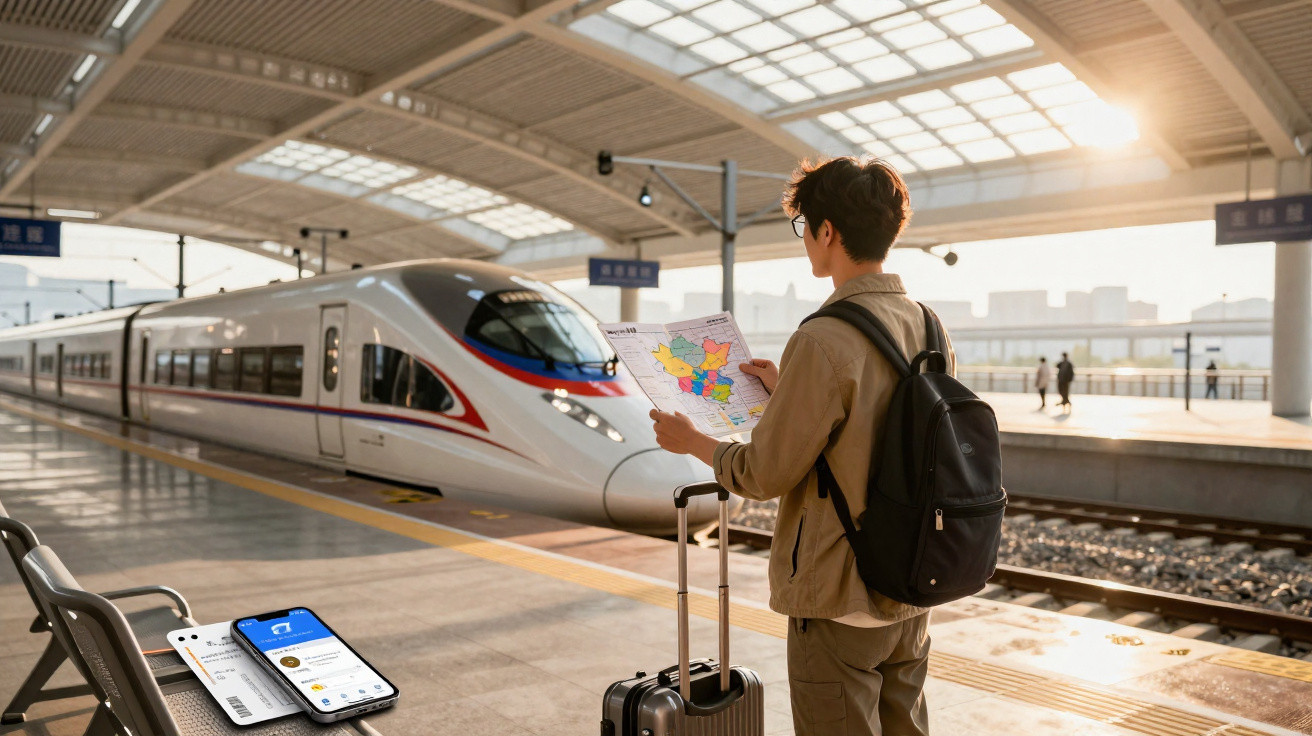 Jovem com mochila e mala consulta mapa em plataforma de estação próxima a trem de alta velocidade.