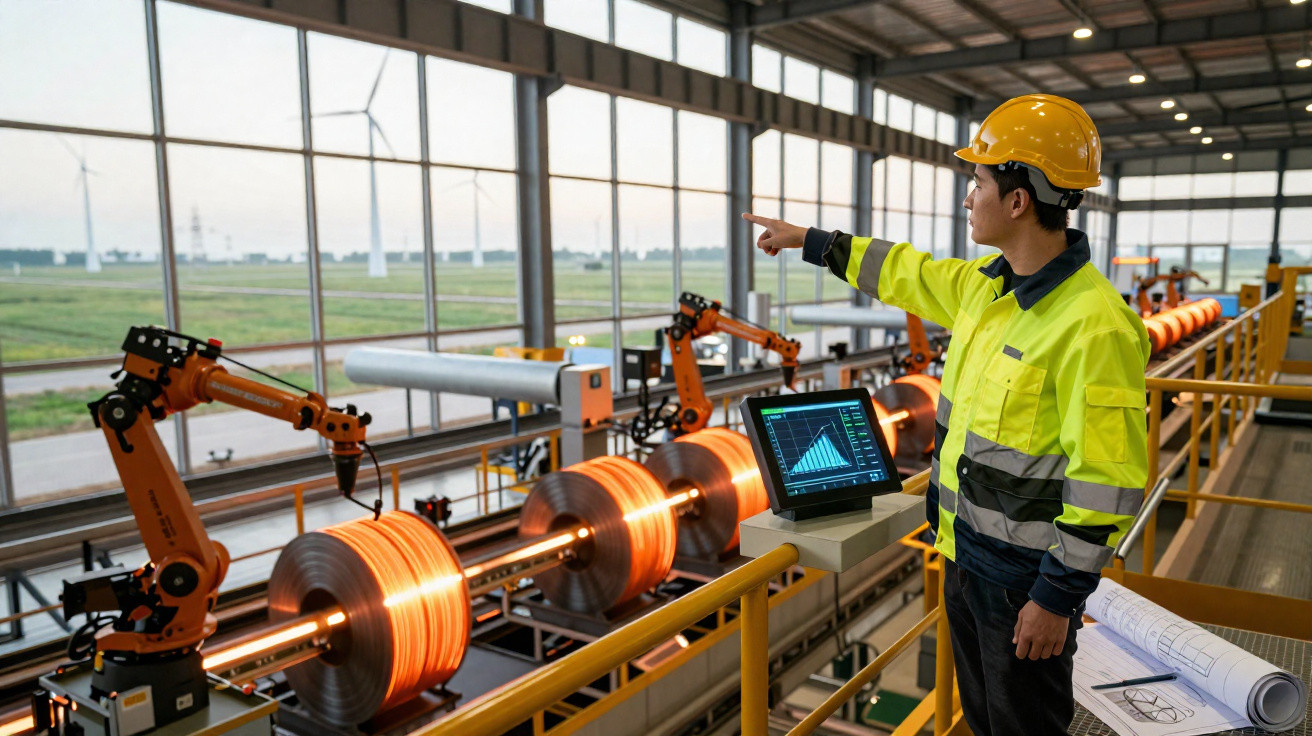 Operário com capacete e jaqueta refletiva monitora máquinas industriais automatizadas em fábrica moderna.
