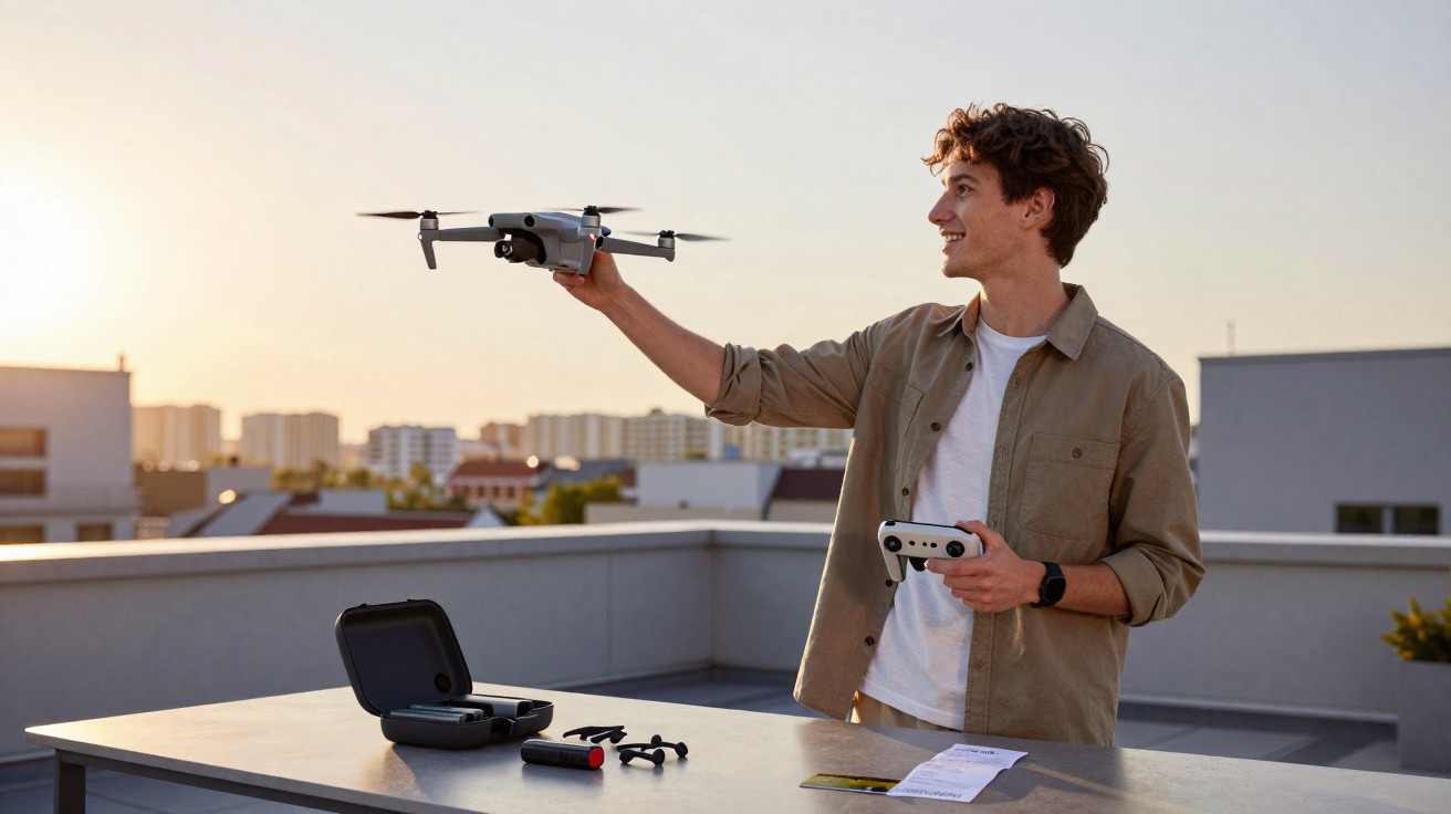 Homem segurando drone com controle na outra mão em terraço ao pôr do sol.
