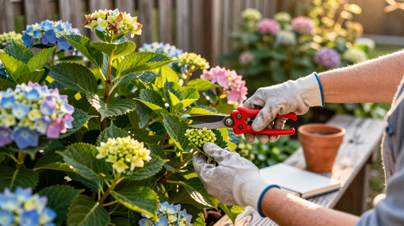 Pessoa podando flores de hortênsia multicoloridas com tesoura de jardinagem vermelha usando luvas brancas.