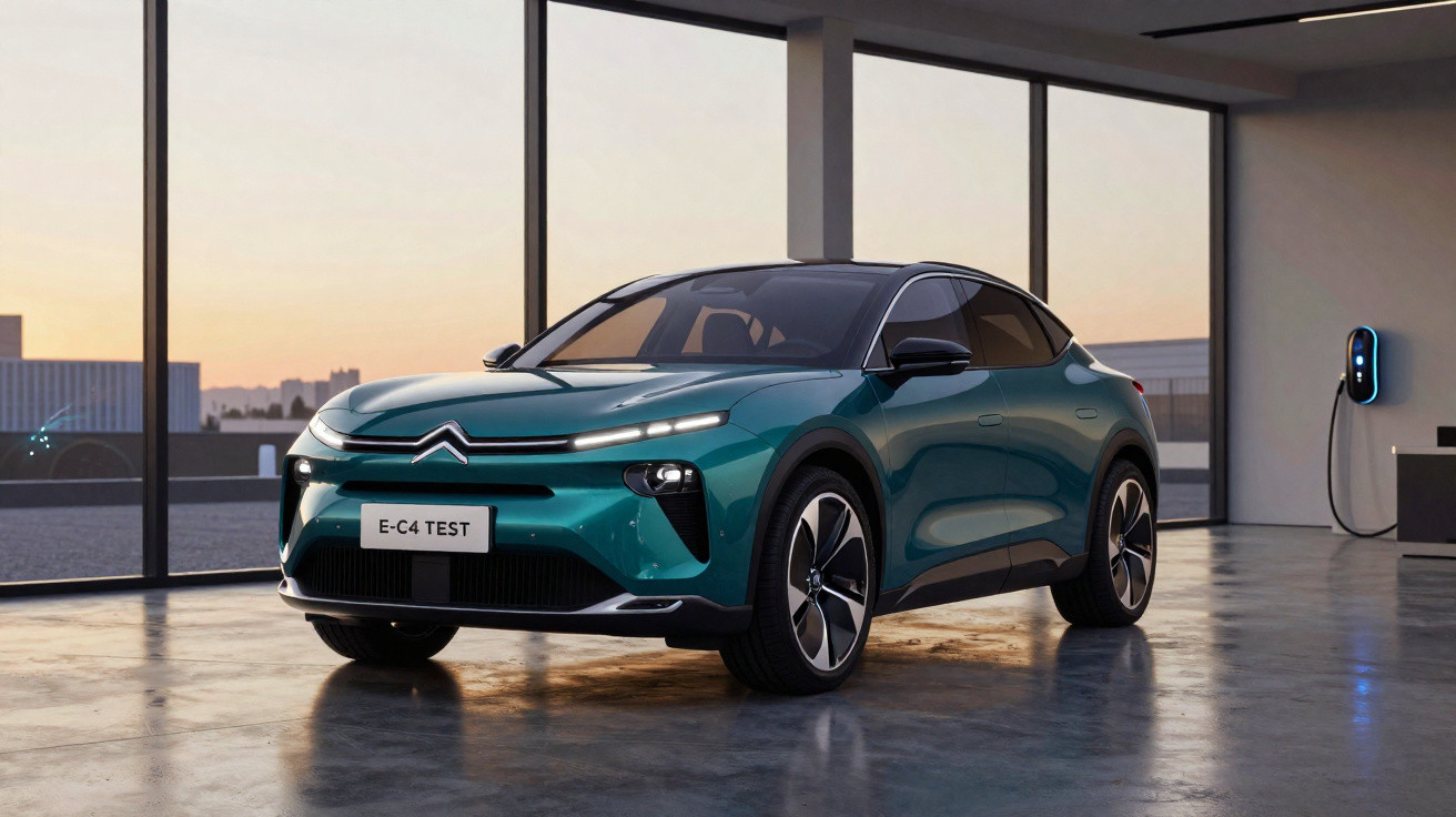 Carro elétrico Citroën E-C4 Test verde em ambiente interno moderno com janela grande e carregador elétrico.