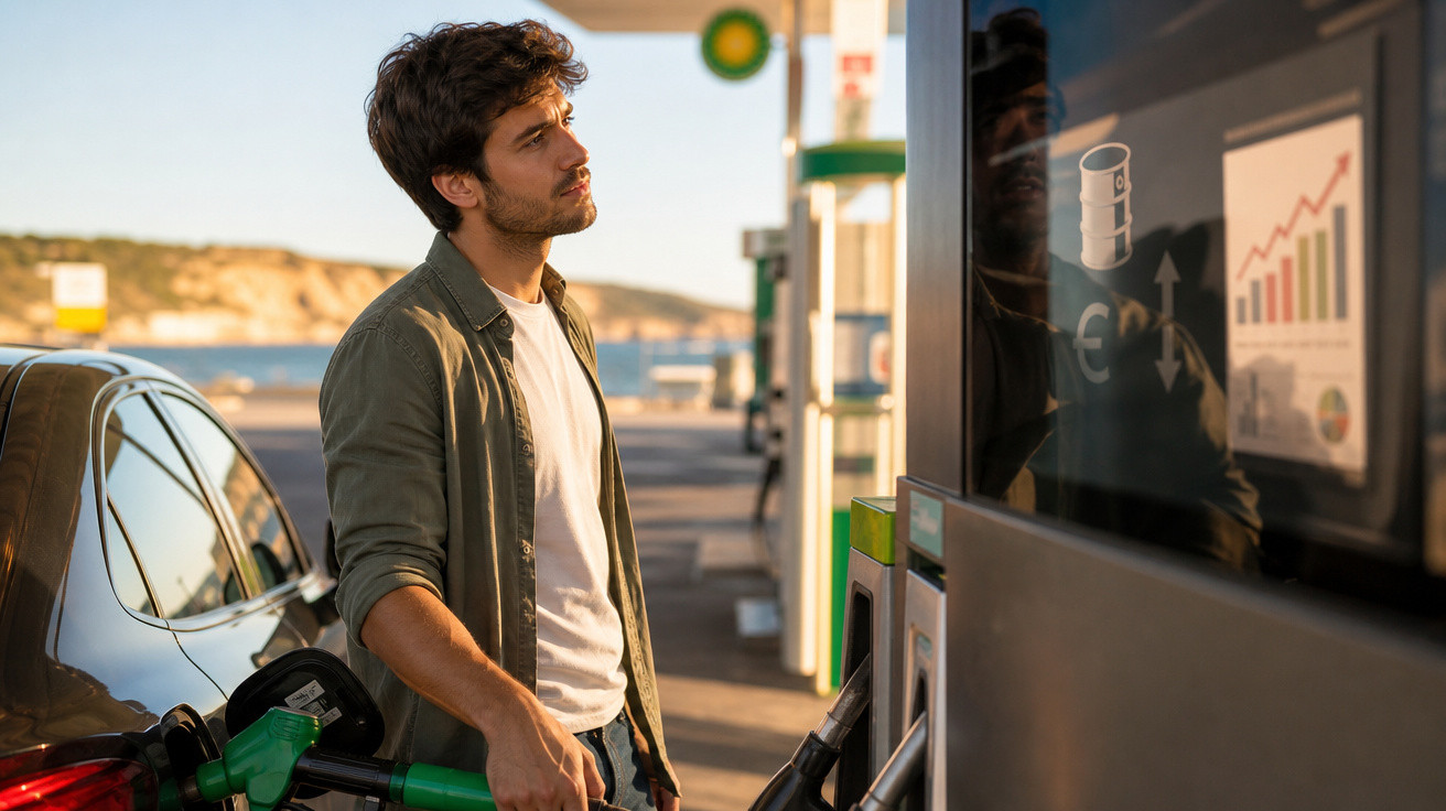 Homem abastecendo carro em posto de gasolina, olhando para tela com gráficos de preços e economia.
