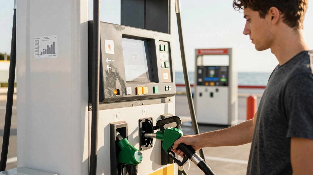 Homem usando bomba de combustível verde para abastecer veículo em posto de gasolina ao ar livre.