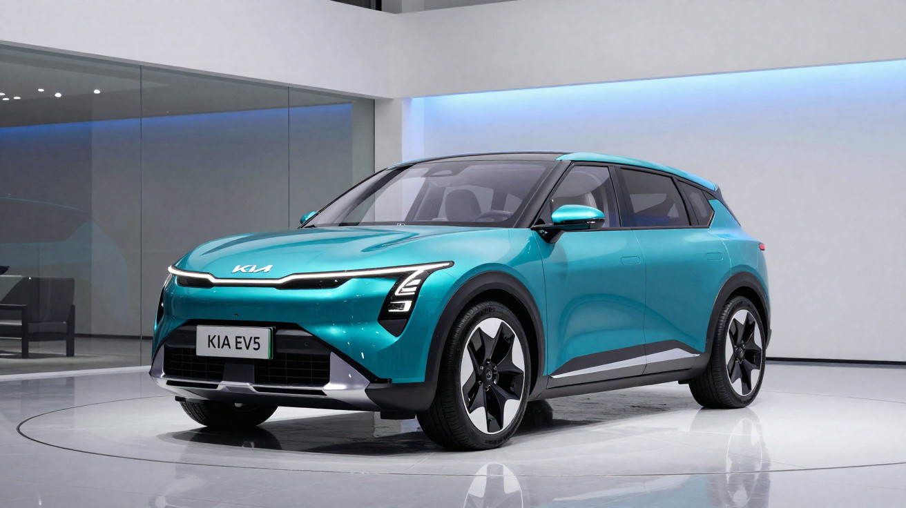 Carro elétrico SUV azul Kia EV5 estacionado em ambiente interno moderno e iluminado.