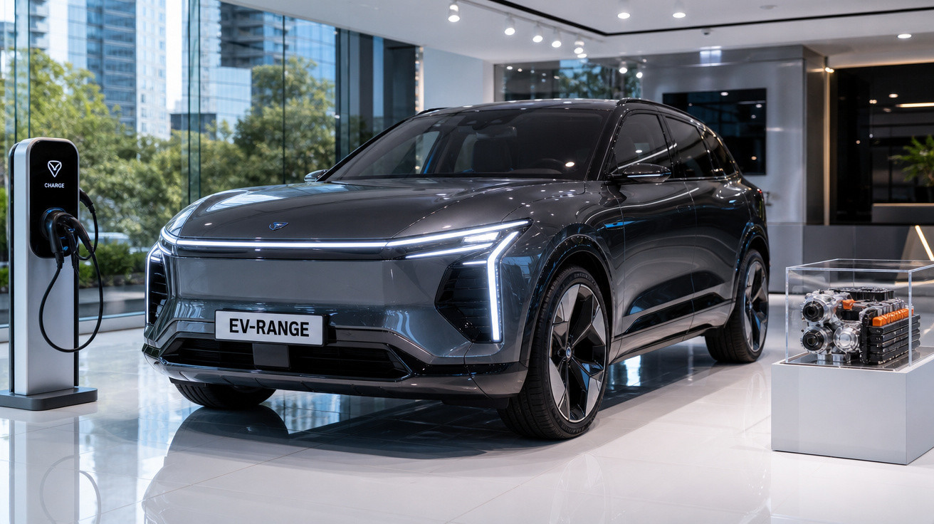 Carro elétrico cinza estacionado em showroom moderno, conectado a estação de recarga, com modelo exposto ao lado.