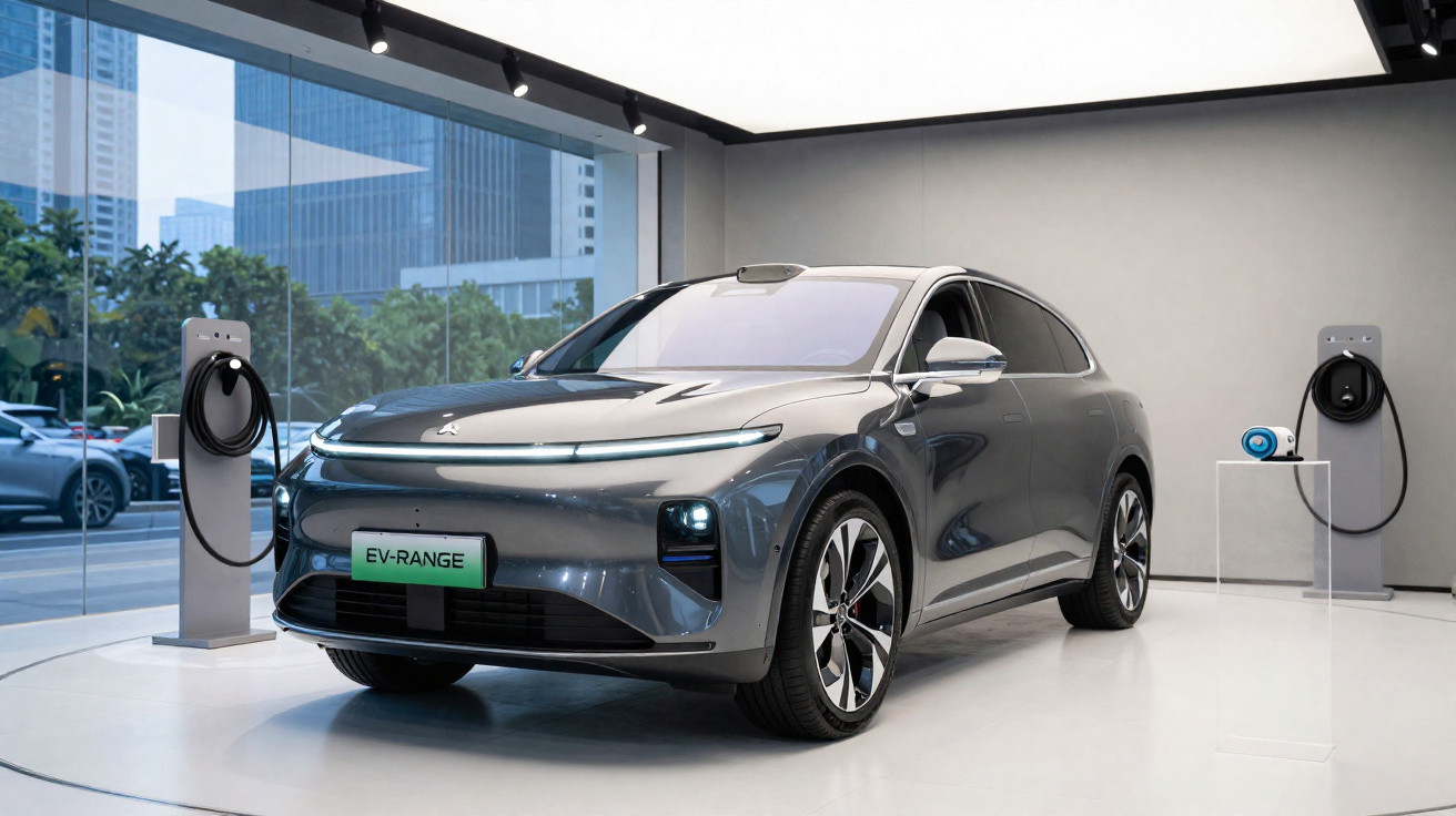 Carro elétrico cinza estacionado em showroom moderno com pontos de recarga ao redor.