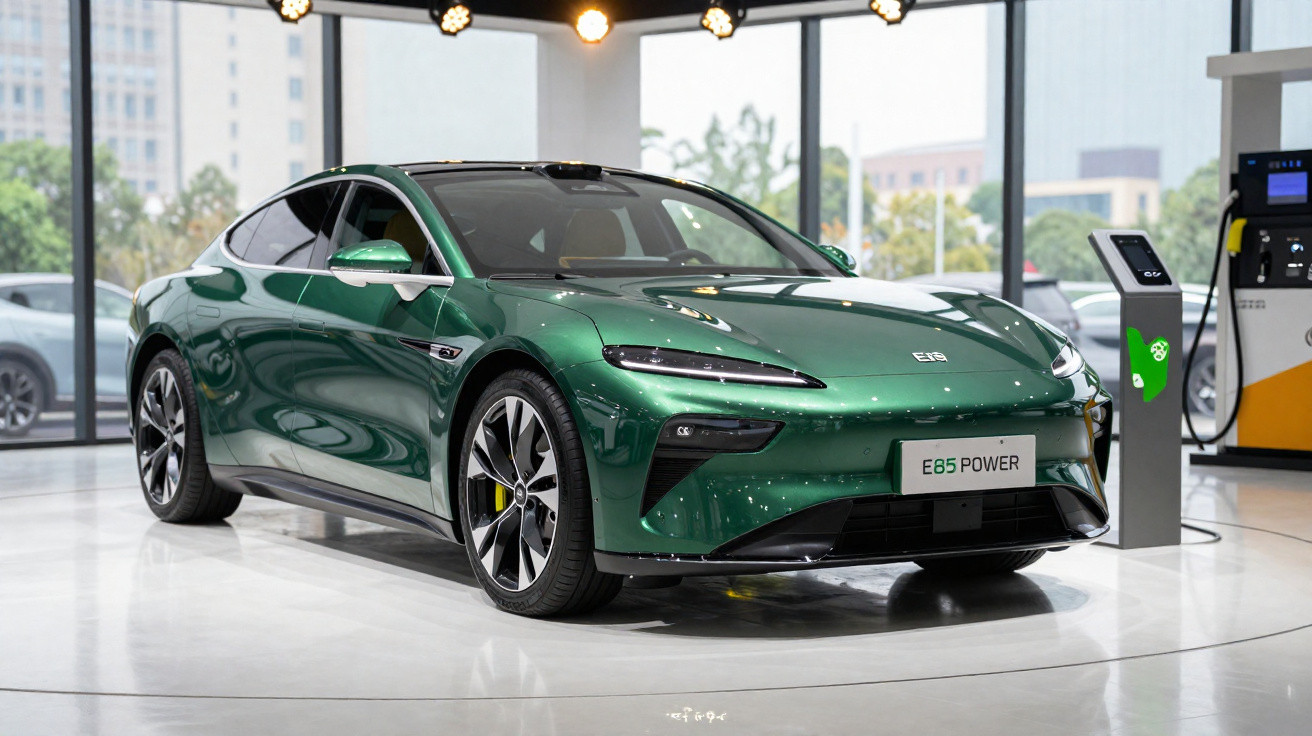 Carro elétrico verde modelo E85 Power exposto em showroom moderno com piso branco e iluminação led.