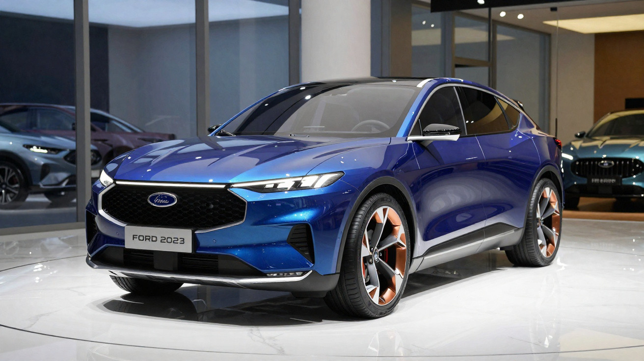 Carro elétrico Ford 2023 azul metálico com rodas grandes e detalhes em laranja, exibido em salão moderno.