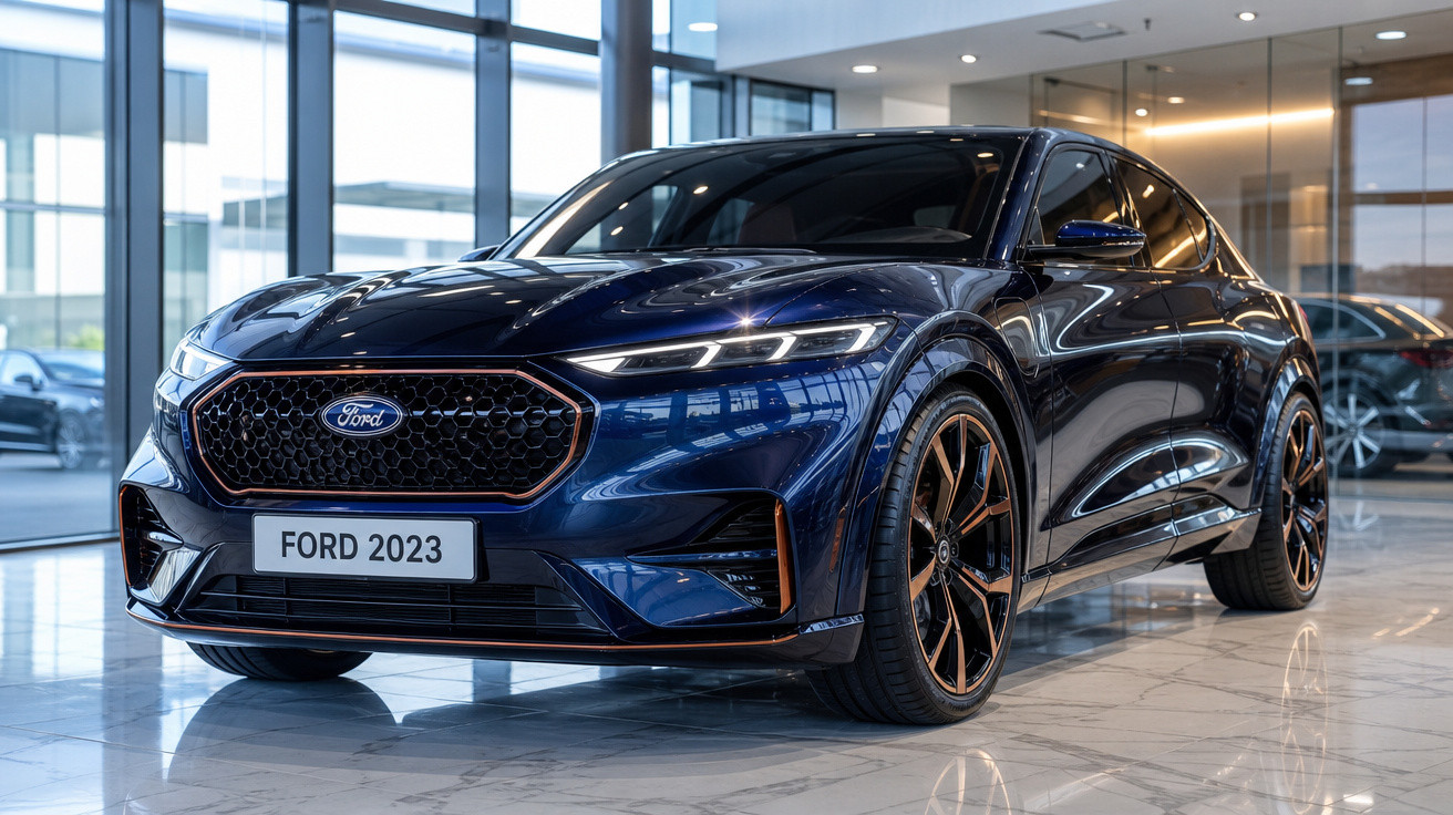 Carro Ford 2023 azul escuro exibido em showroom com piso branco e iluminação interna moderna.