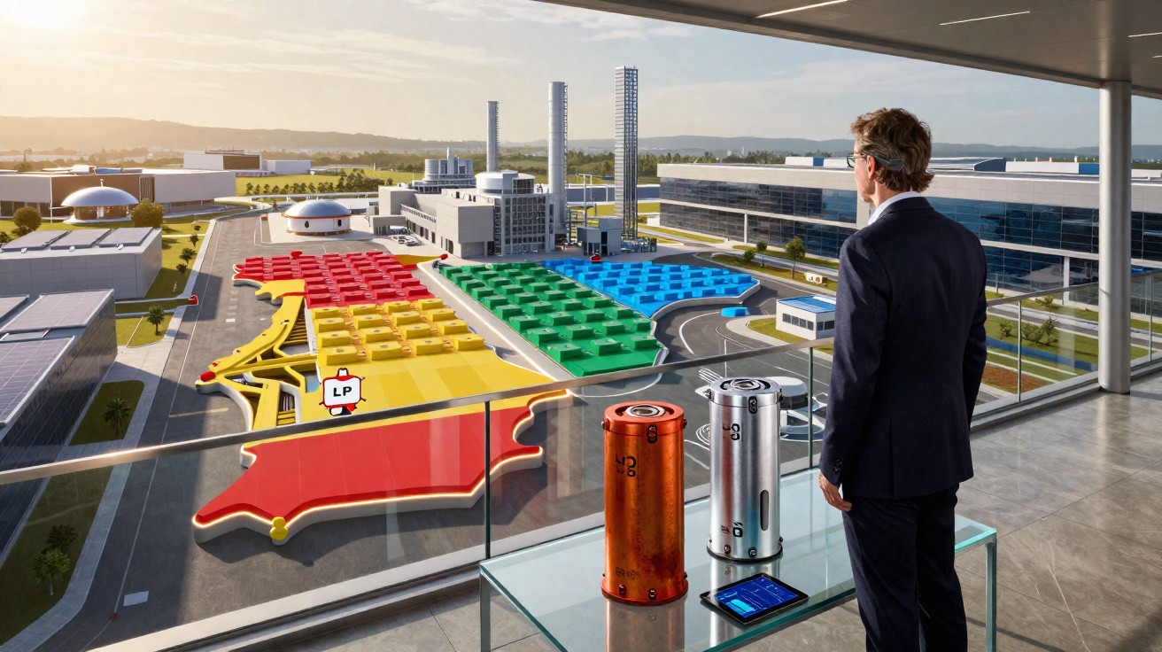 Homem em terno observa maquete colorida de complexo industrial vista de sacada com tubos metálicos em mesa.