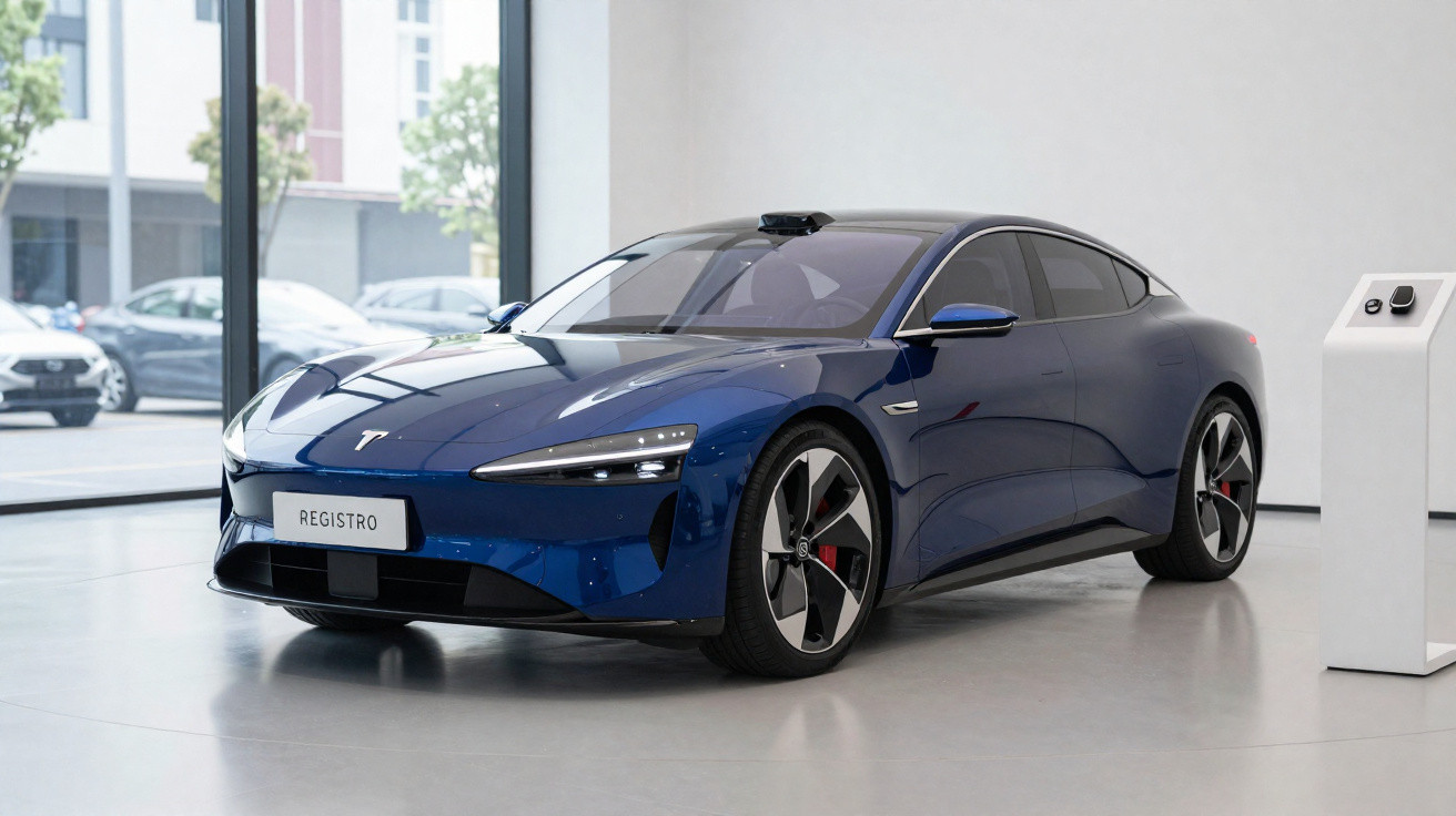 Carro elétrico azul escuro Tesla estacionado em showroom moderno com piso branco.