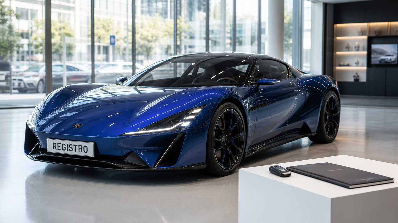 Carro esportivo azul elétrico, moderno e aerodinâmico, exposto em showroom com piso branco.