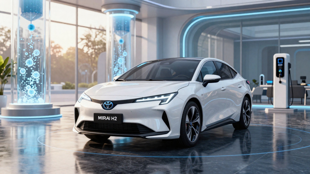 Carro Toyota Mirai H2 branco em ambiente moderno com estação de recarga e tubos tecnológicos iluminados.