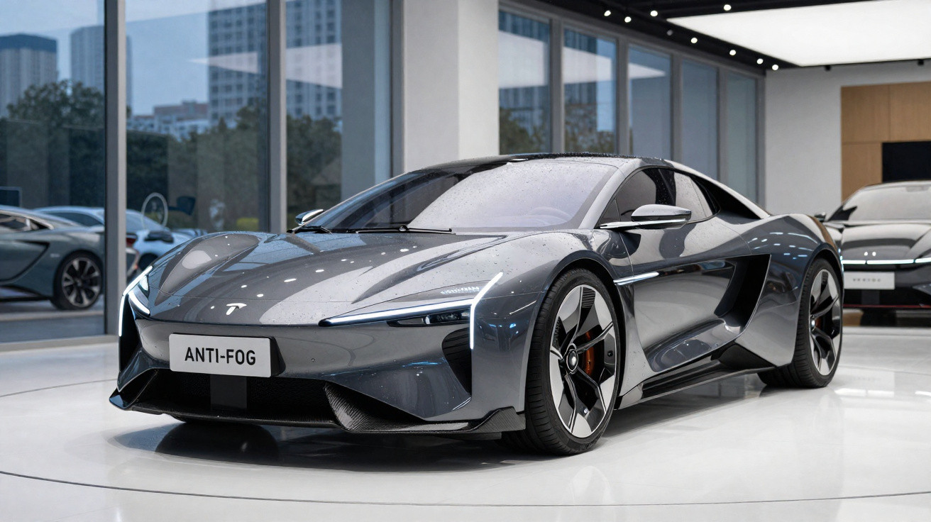 Carro esportivo cinza escuro com design futurista em showroom moderno com grandes janelas.
