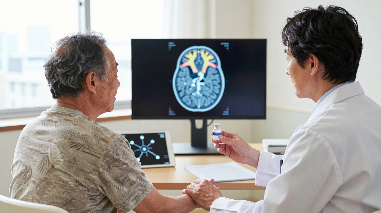 Médico explica exame cerebral a paciente idoso em consultório, mostrando imagem no computador e segurando frasco de medicamen