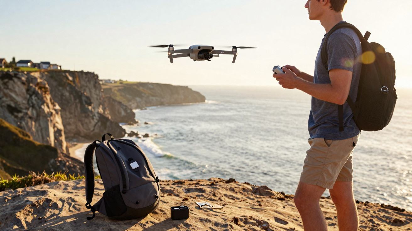 Homem pilotando drone próximo a penhasco com mochila e controlador na mão, vista para o mar ao fundo.