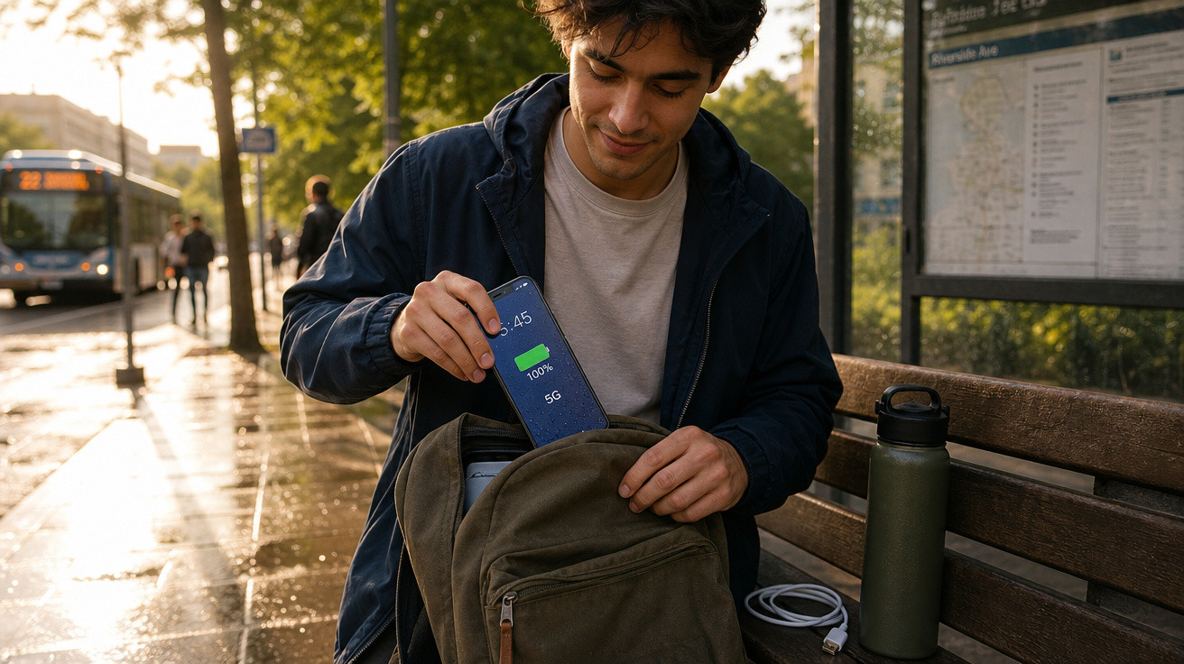 Jovem sentado em banco de ponto de ônibus guarda celular com bateria cheia na mochila em dia ensolarado.