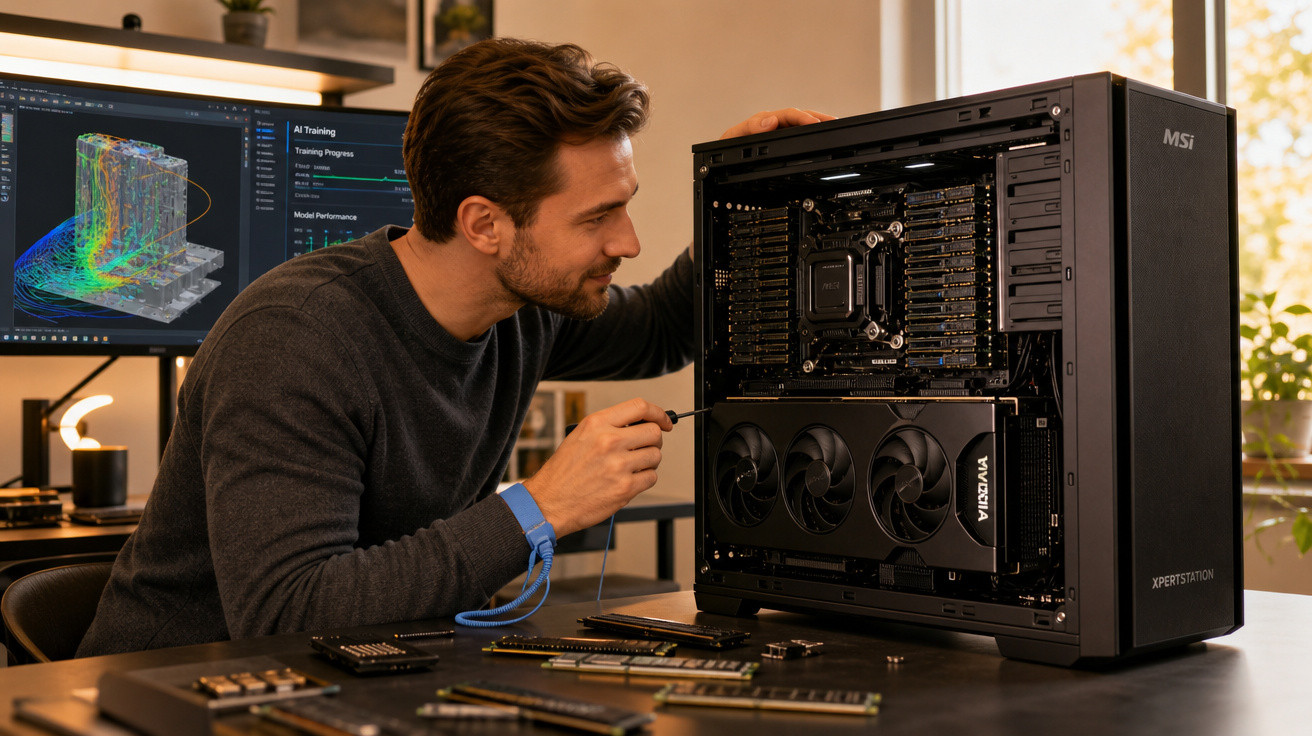 Homem montando um computador desktop aberto em uma mesa com peças eletrônicas ao redor.