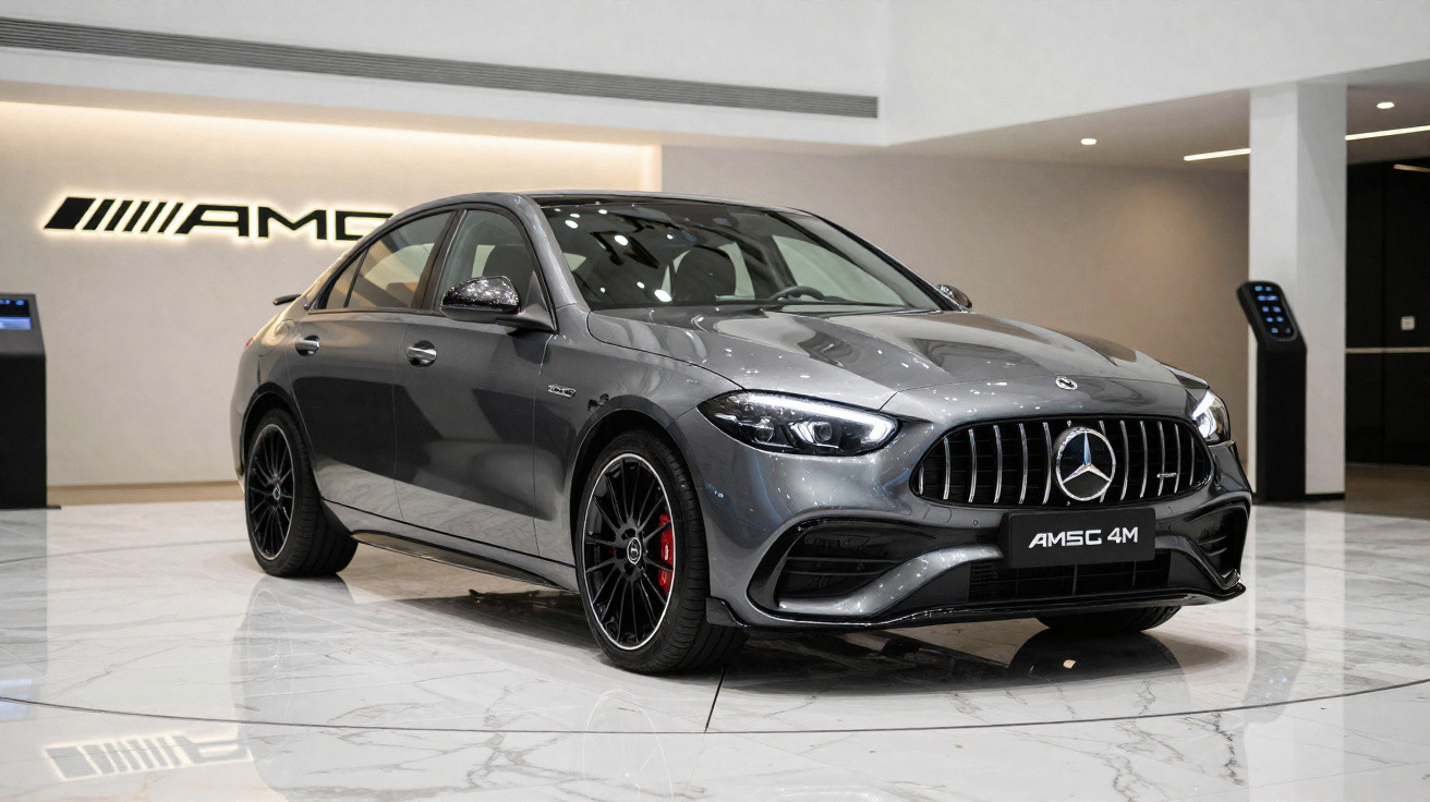 Carro cinza Mercedes-Benz AMG AMG 4M em exposição em ambiente interno moderno e iluminado.