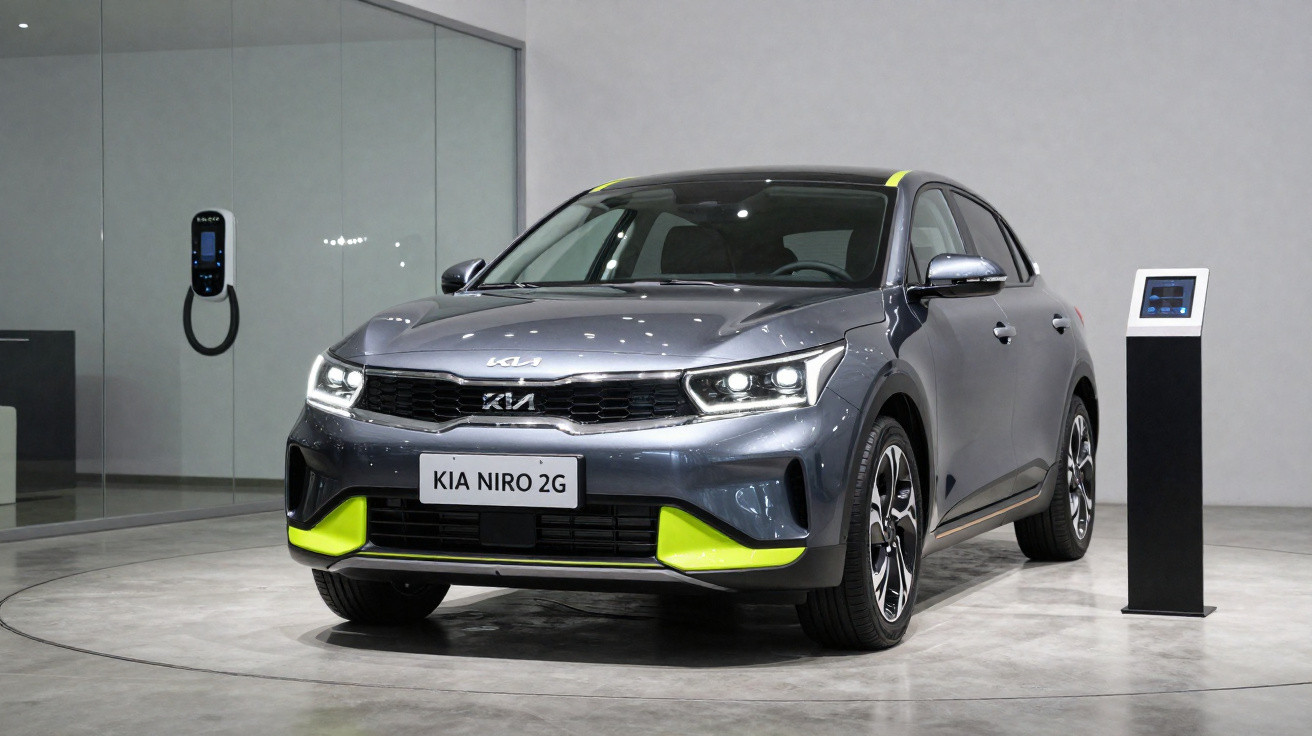 Carro elétrico Kia Niro 2G cinza com detalhes amarelos exposto em showroom moderno.