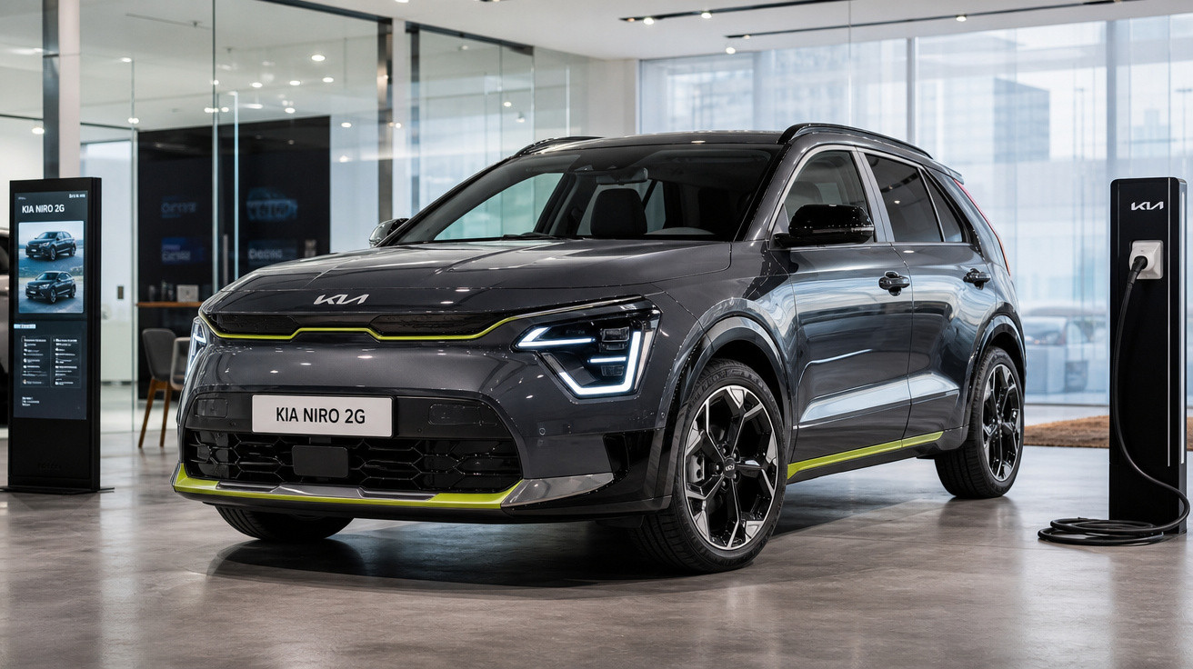 Carro elétrico Kia Niro 2G cinza em exibição dentro de showroom moderno, conectado a estação de recarga.