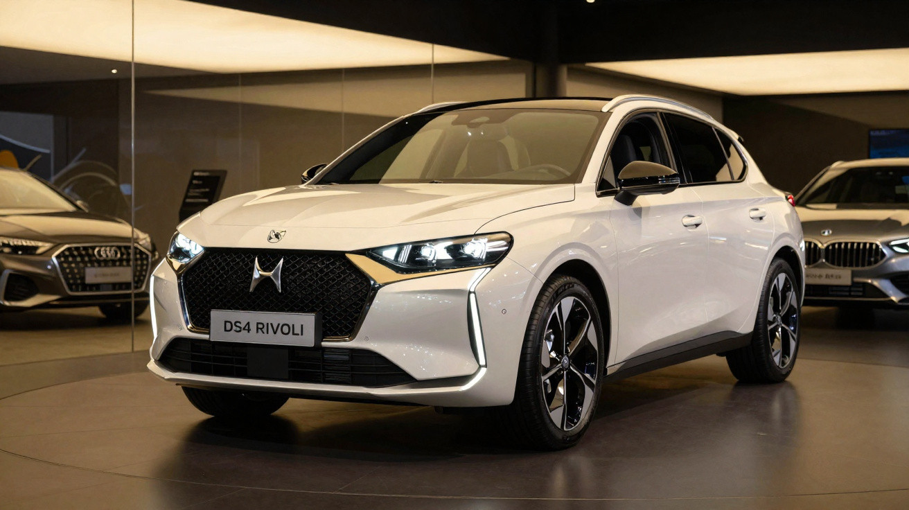 Carro branco DS4 Rivoli exposto em showroom com iluminação amarela e carros ao fundo.