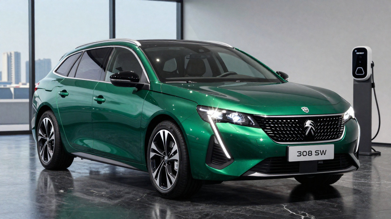 Carro verde Peugeot 308 SW estacionado em ambiente interno com carregador elétrico ao fundo.