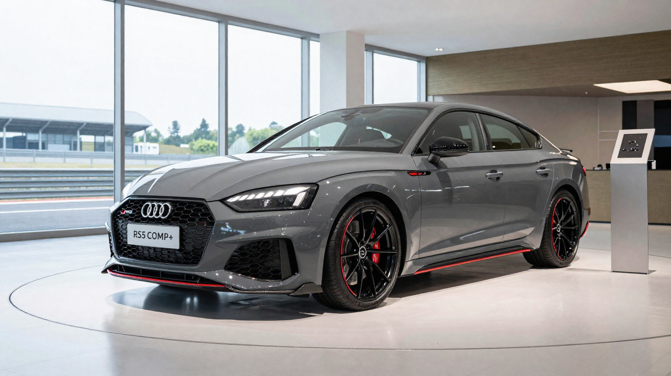 Carro esportivo cinza Audi RS5 Comp+ em exposição dentro de showroom moderno e iluminado.