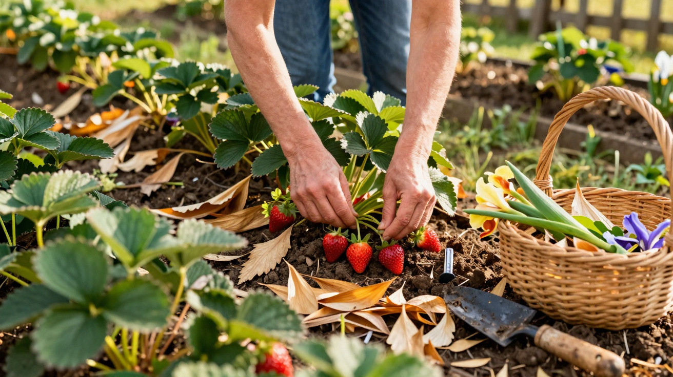 Mãos colhendo morangos vermelhos maduros em plantações com cesta de flores ao lado e folhas secas no solo.