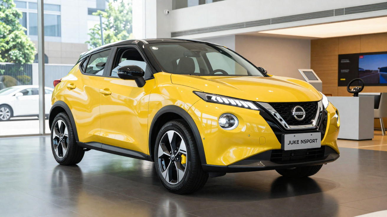 Carro Nissan Juke NSport amarelo exibido em concessionária com interior moderno e iluminação natural.