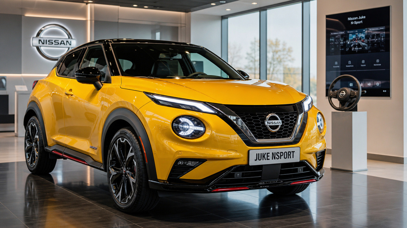 Carro Nissan Juke N-Sport amarelo em exposição dentro de concessionária com ambiente moderno.