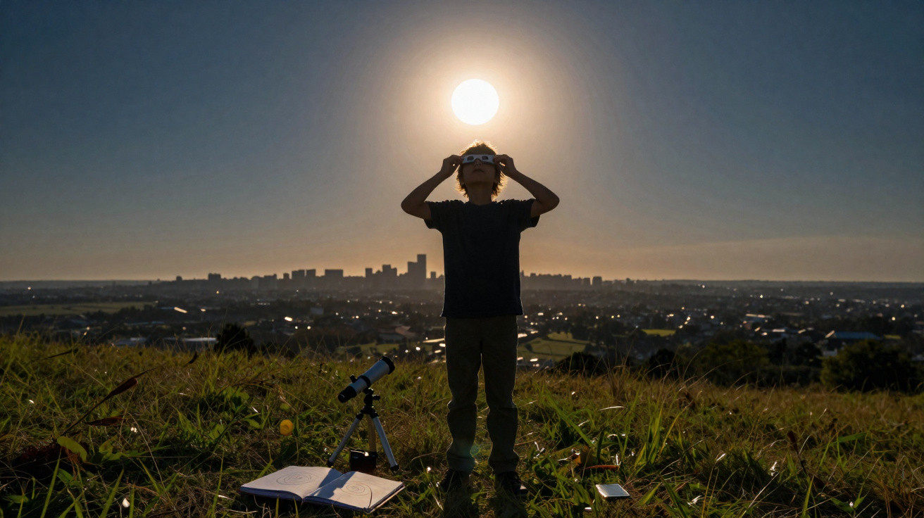 Criança em campo observa o sol com óculos especiais, com telescópio e caderno aberto no chão.