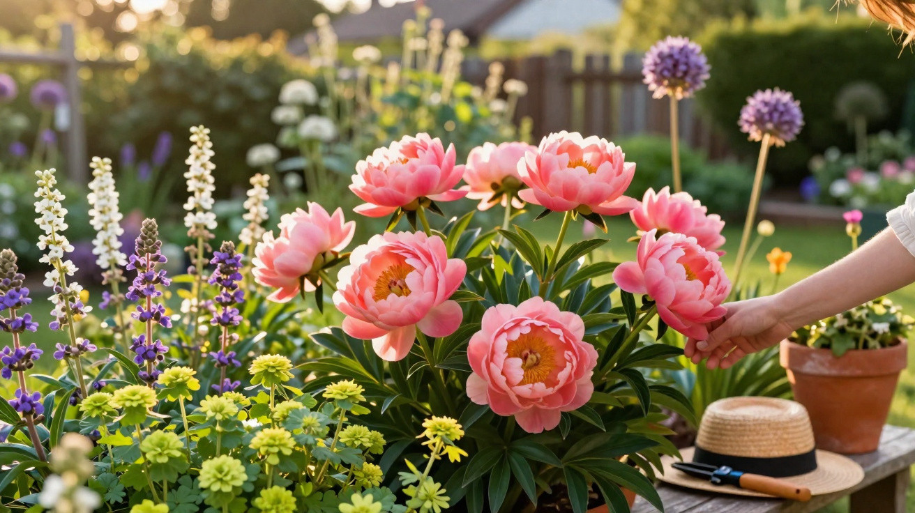 Jardim iluminado ao pôr do sol com várias flores coloridas e uma mão tocando flores cor-de-rosa.
