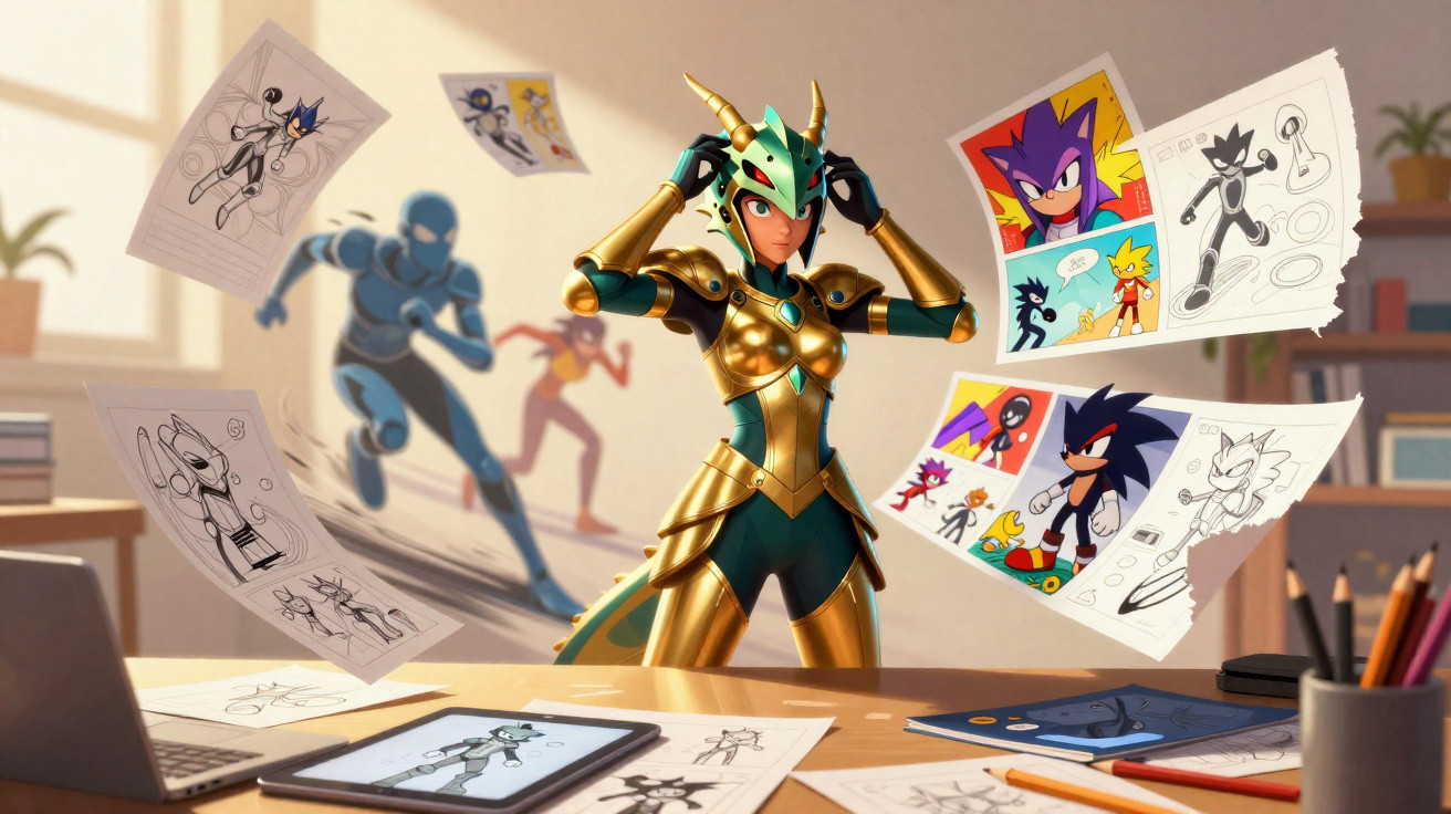 Personagem feminina em armadura dourada com chifres em estúdio com desenhos e tablet ao redor.