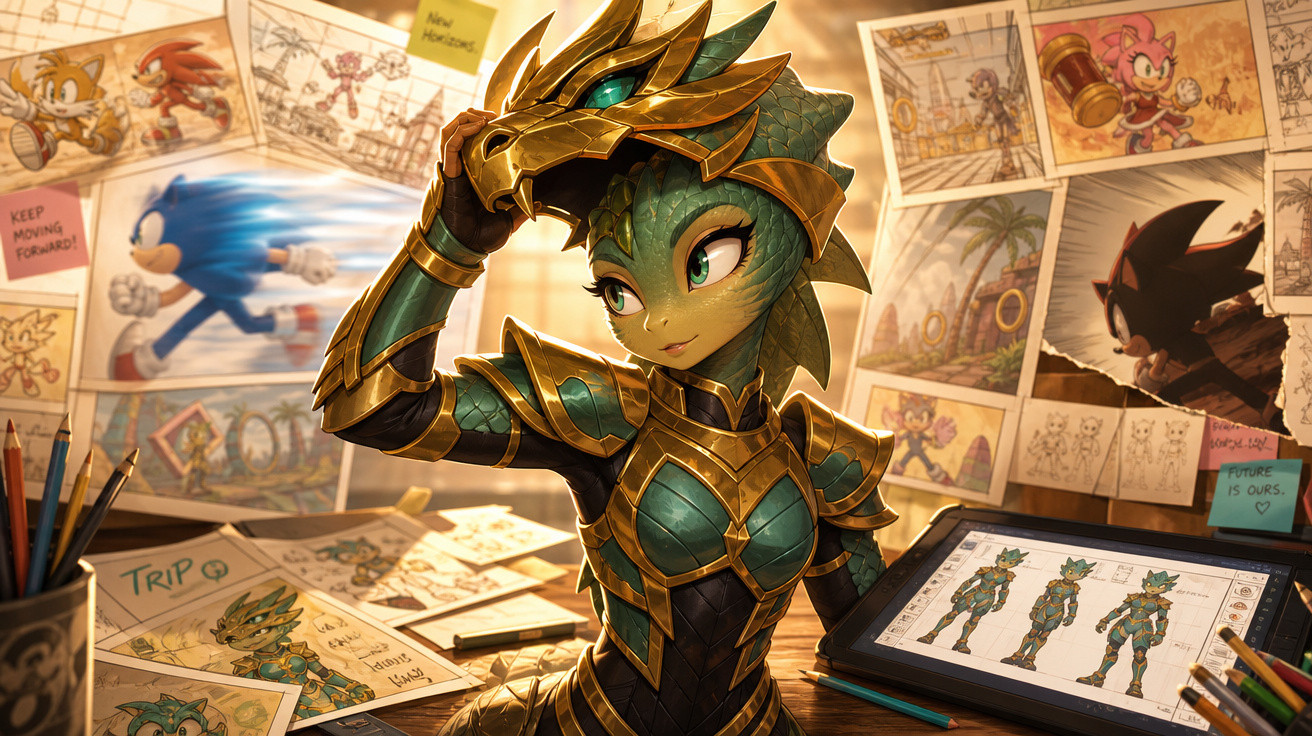Personagem feminina reptiliana em armadura dourada, em mesa com rascunhos e desenhos do Sonic ao fundo.