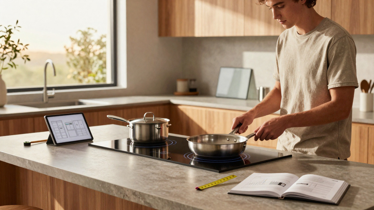 Jovem cozinhando e acompanhando receita em livro aberto em cozinha moderna com fogão de indução.