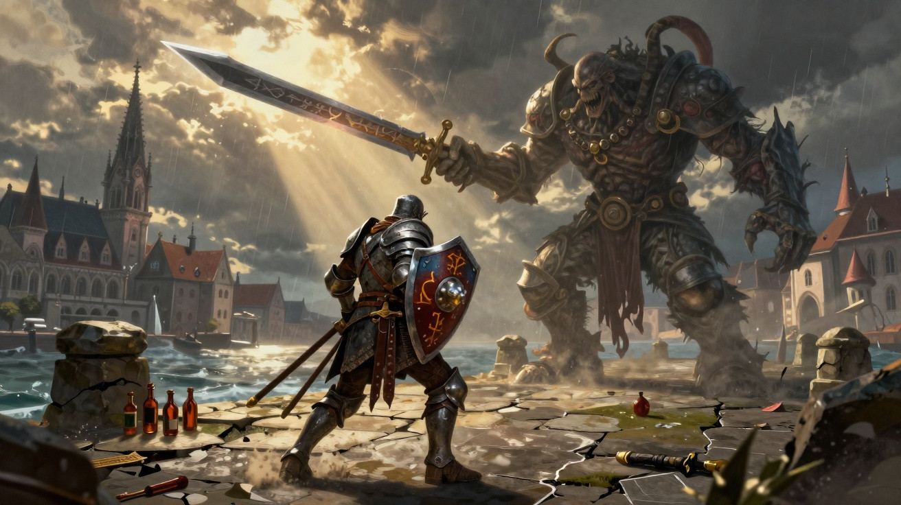 Cavaleiro enfrenta gigante demoníaco com espada e escudo em cidade medieval sob céu nublado com raios de sol.