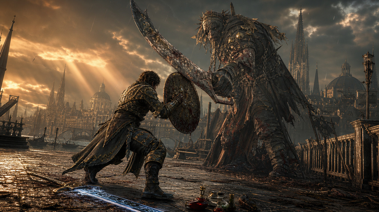 Guerreiro medieval enfrentando um gigante armado em um cenário sombrio e épico ao pôr do sol.