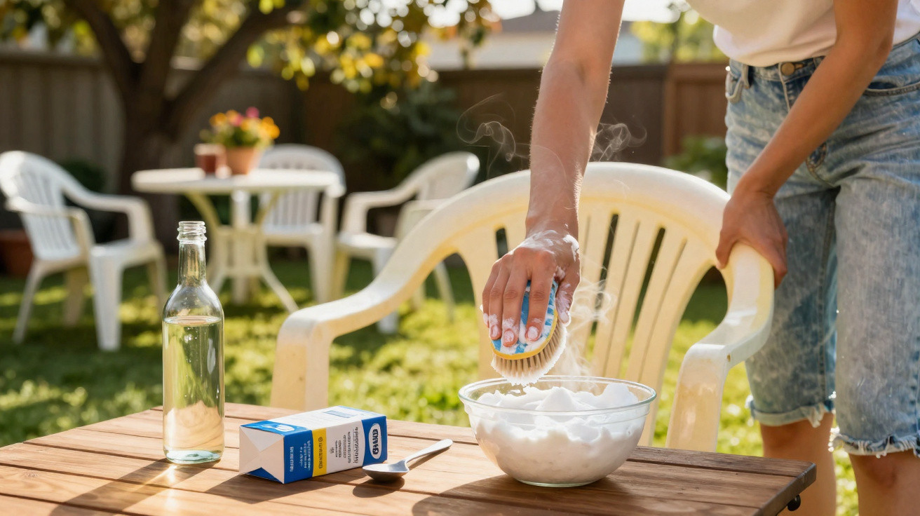 Pessoa usando escova para limpar tigela com espuma em mesa ao ar livre, com garrafa, caixa e colher.