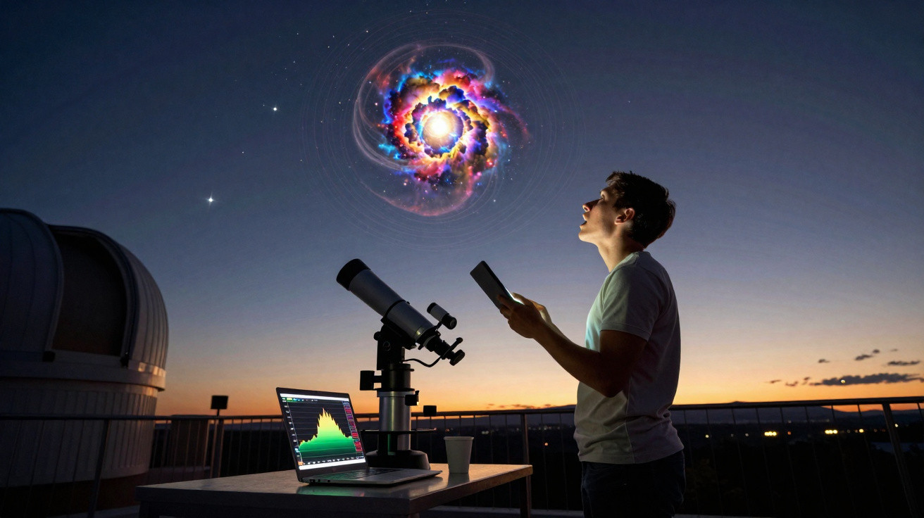 Pessoa observando pelo celular uma galáxia colorida no céu ao lado de telescópio e laptop ao entardecer.