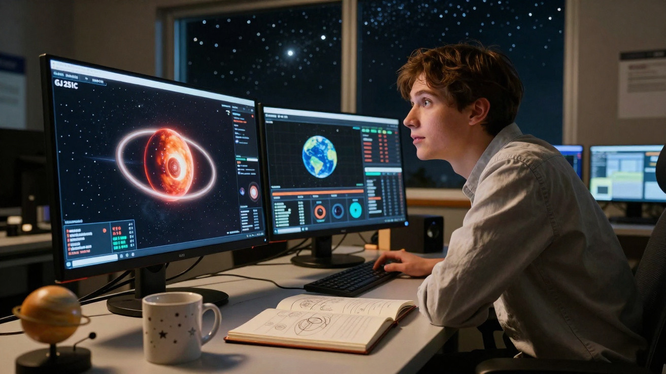 Jovem analisando dados espaciais em dois monitores com gráficos do planeta Terra e uma estrela vermelha.