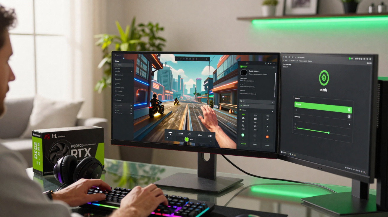 Pessoa jogando videogame em computador com dois monitores, teclado e placa de vídeo NVIDIA RTX ao lado.