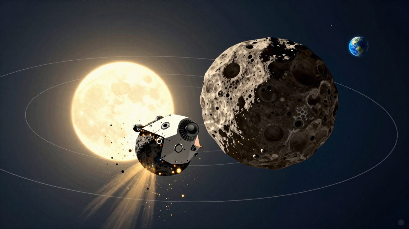 Ilustração de uma nave espacial se aproximando de um asteroide, com o Sol e a Terra ao fundo.