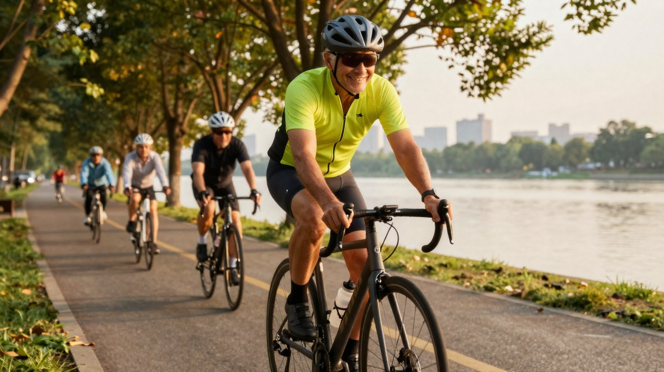 Grupo de ciclistas pedalando em caminho à beira de rio com árvores ao redor em dia ensolarado.