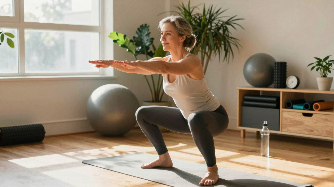 Mulher praticando agachamento em tapete de yoga em sala iluminada com plantas e bola de exercícios.