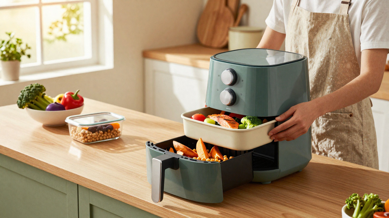 Pessoa usando fritadeira elétrica para cozinhar legumes e peixe na cozinha iluminada e organizada.