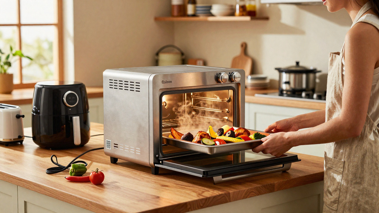 Pessoa retirando legumes assados de forno elétrico em cozinha moderna iluminada.