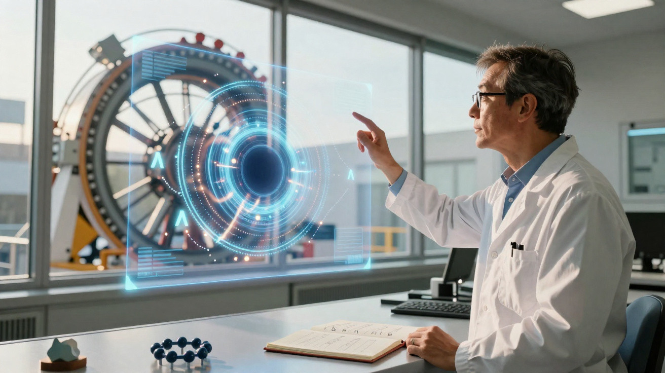 Cientista em laboratório interagindo com interface holográfica futurista com equipamento complexo ao fundo.